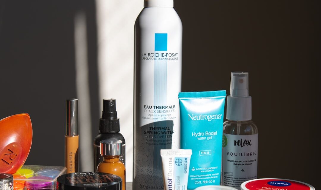 Illustration of a step-by-step skin barrier repair routine with gentle skincare products, towels, and water droplets on a clean bathroom shelf